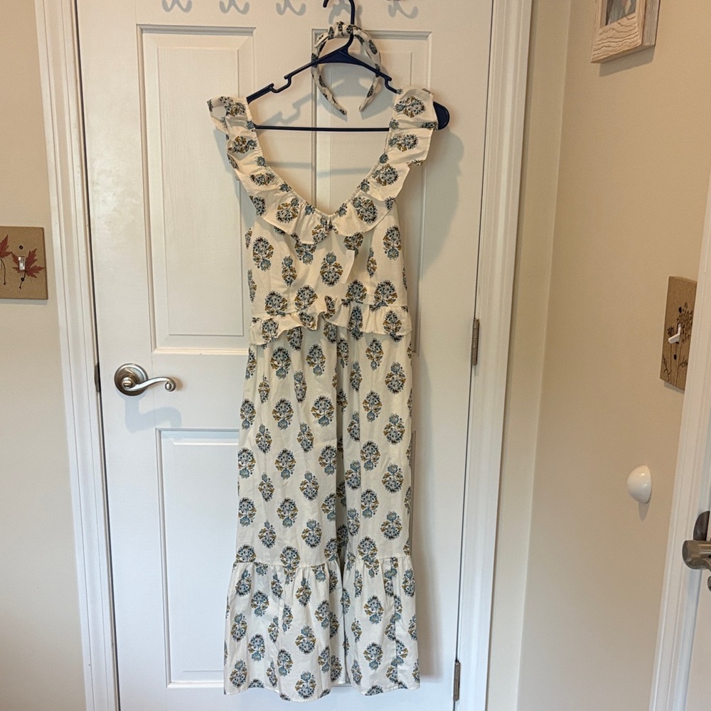 J. Crew Ruffled V-Neck Floral Maxi Dress in Cream and Blue - Picture 1 of 5
